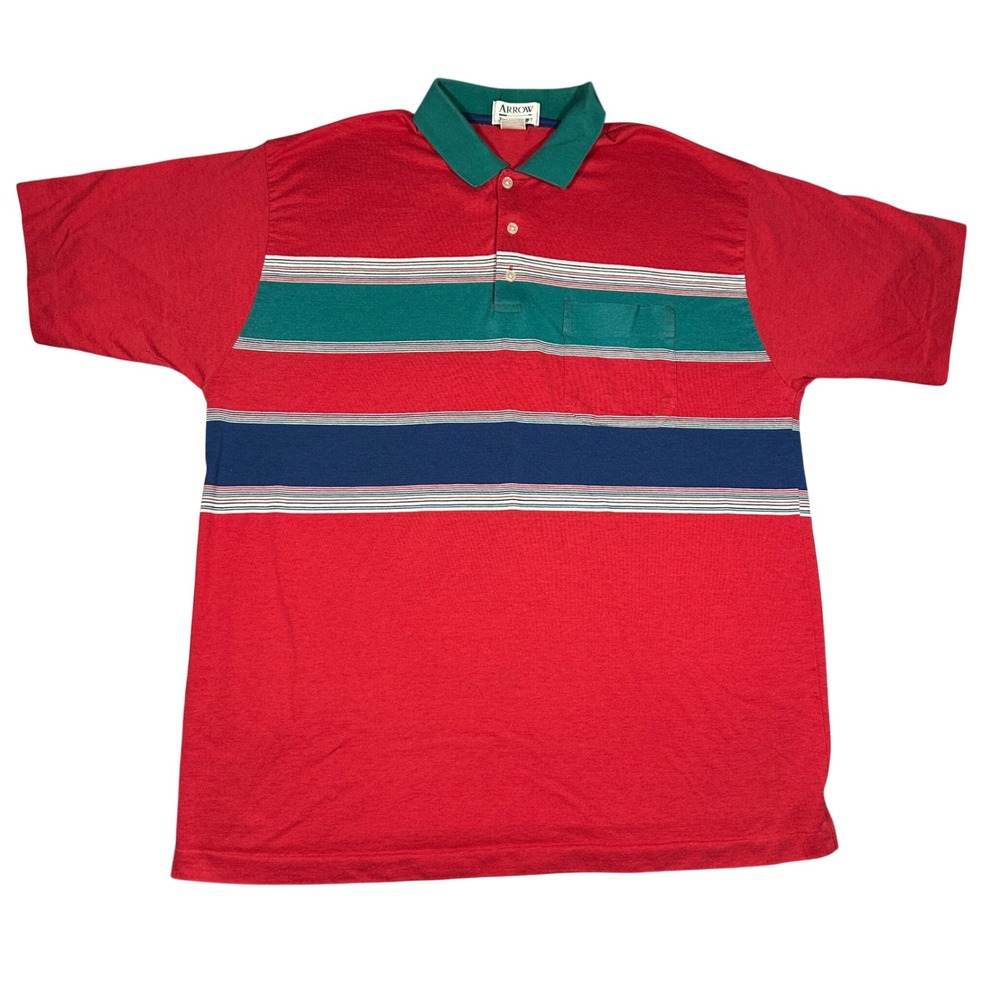 Vintage 80s Arrow Tournament Polo Shirt Mens XL Red Striped Short Sleeve Top